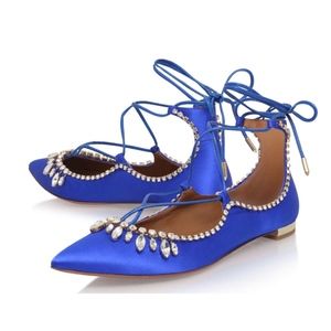 New Aquazzura Christy Jewel Flats Blue Satin SZ 40